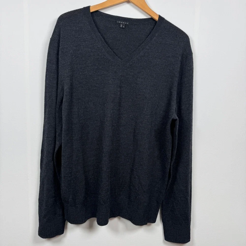 Theory Men XXL Black 100%Wool Sweater V Neck Preppy Minimalist Jumper‎ Pullover